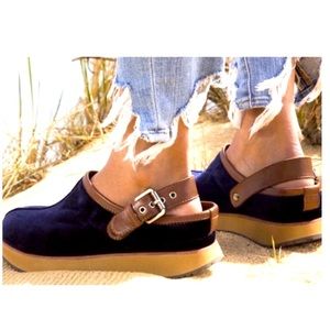 Earth Navy Leather Velvet Platform Clogs